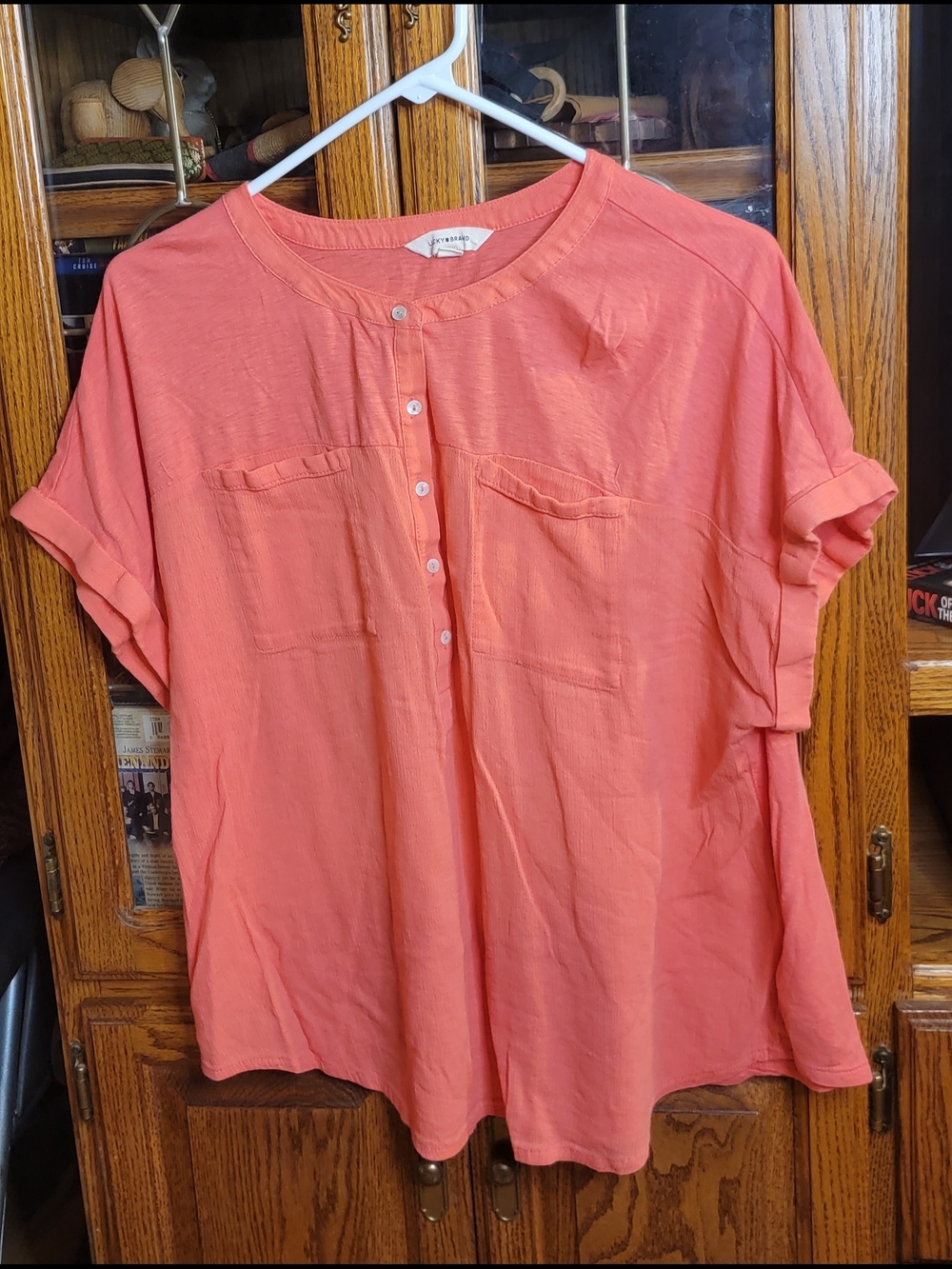 Lucky Brand Coral Short-Sleeve Henley Blouse Size XL